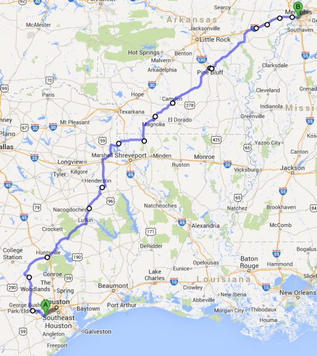 The route I ended up taking from Sugar Land, TX to Memphis, TN
